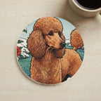 Poodle Drink Coaster, Japanese Print Dog Art, Poodle Lover Gift cork coaster shown on a warm limestone surface beside a mug