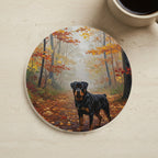 Acrylic Painting Rottweiler - Autumn Woods cork coaster shown on a warm limestone surface beside a mug
