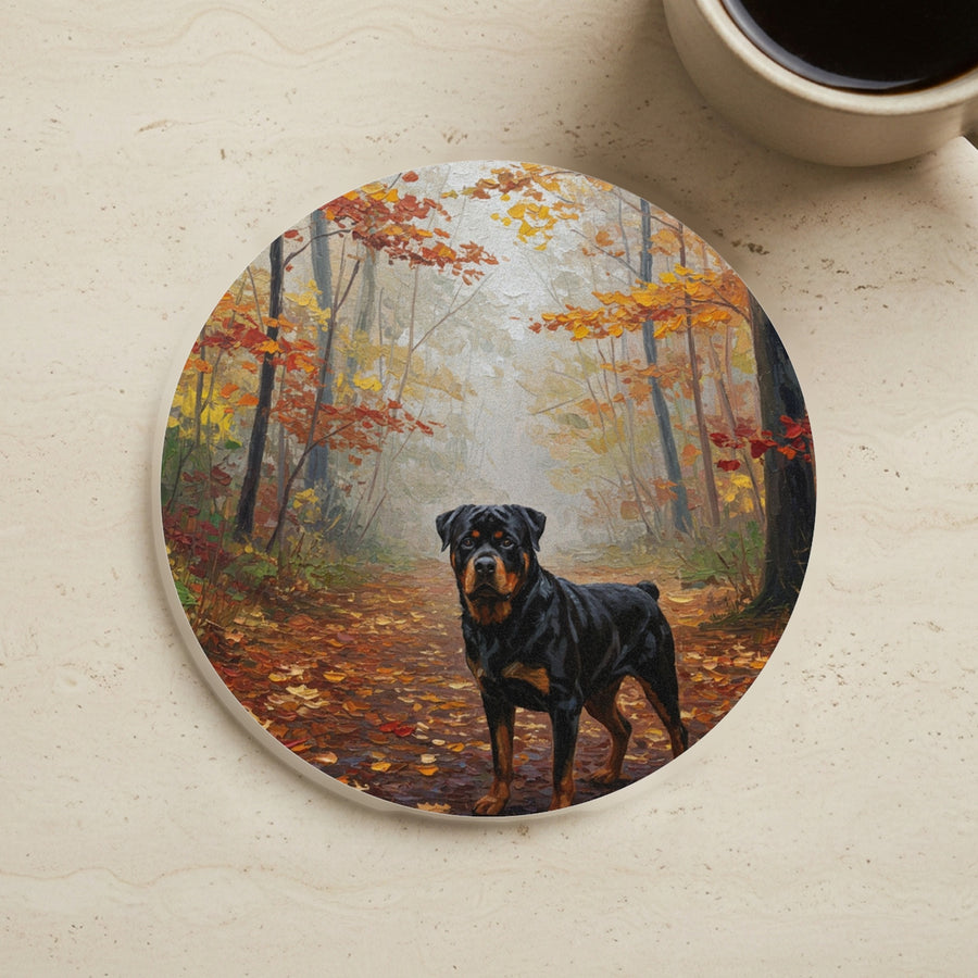 Acrylic Painting Rottweiler - Autumn Woods cork coaster shown on a warm limestone surface beside a mug