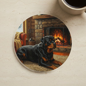 Acrylic Rottweiler - Winter Hearth | Cork Back Coaster