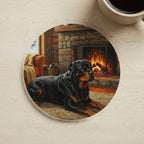 Rottweiler By the Fire gift set: canvas, sherpa blanket and coaster in one painting