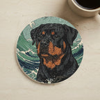 Rottweiler Japanese Print cozy gift set: sherpa fleece blanket, cork-back coaster, and vinyl sticker