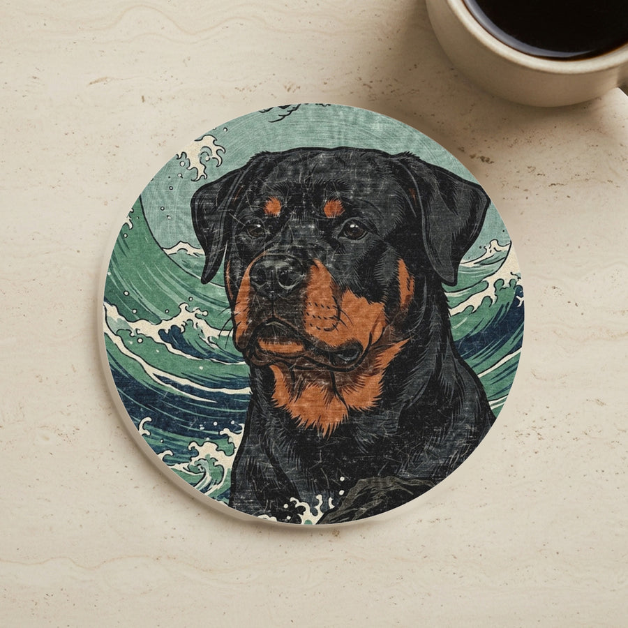 Rottweiler Drink Coaster, Japanese Print Dog Art, Rottweiler Lover Gift cork coaster shown on a warm limestone surface beside a mug