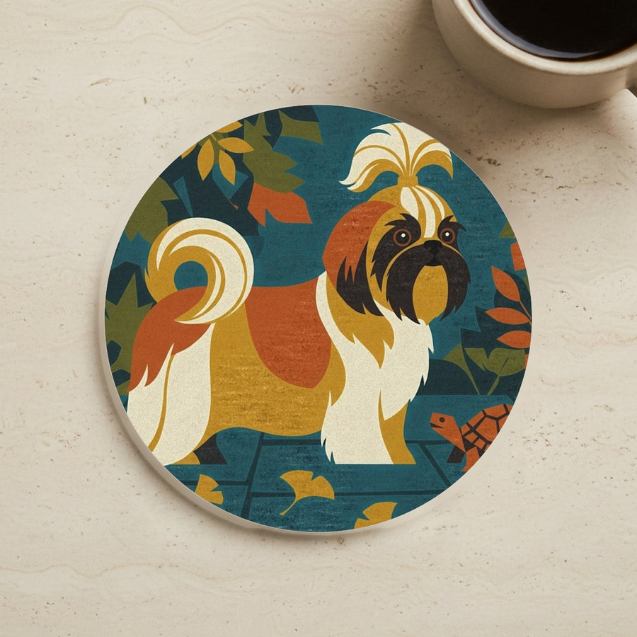 Shih Tzu Drink Coaster, Retro Autumn Dog Art, Shih Tzu Lover Gift cork coaster shown on a warm limestone surface beside a mug