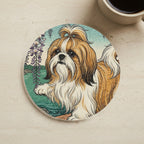 Shih Tzu Drink Coaster, Japanese Print Dog Art, Shih Tzu Lover Gift cork coaster shown on a warm limestone surface beside a mug