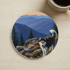 Siberian Husky Acrylic Drink Coaster, Mountain Overlook Dog Art, Siberian Husky Lover Gift