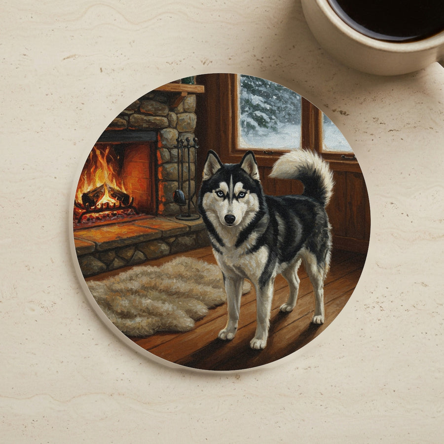 Acrylic Painting Siberian Husky - Winter Hearth cork coaster shown on a warm limestone surface beside a mug