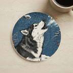 Siberian Husky Drink Coaster, Japanese Print Dog Art, Siberian Husky Lover Gift cork coaster shown on a warm limestone surface beside a mug