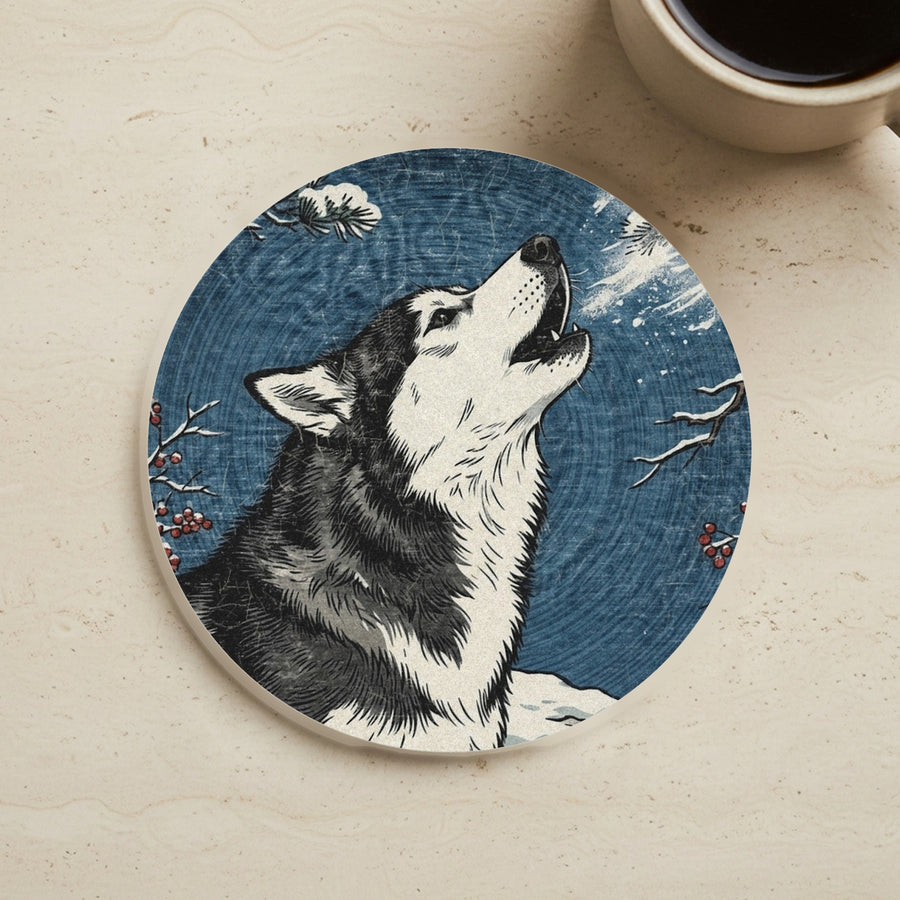 Siberian Husky Drink Coaster, Japanese Print Dog Art, Siberian Husky Lover Gift cork coaster shown on a warm limestone surface beside a mug