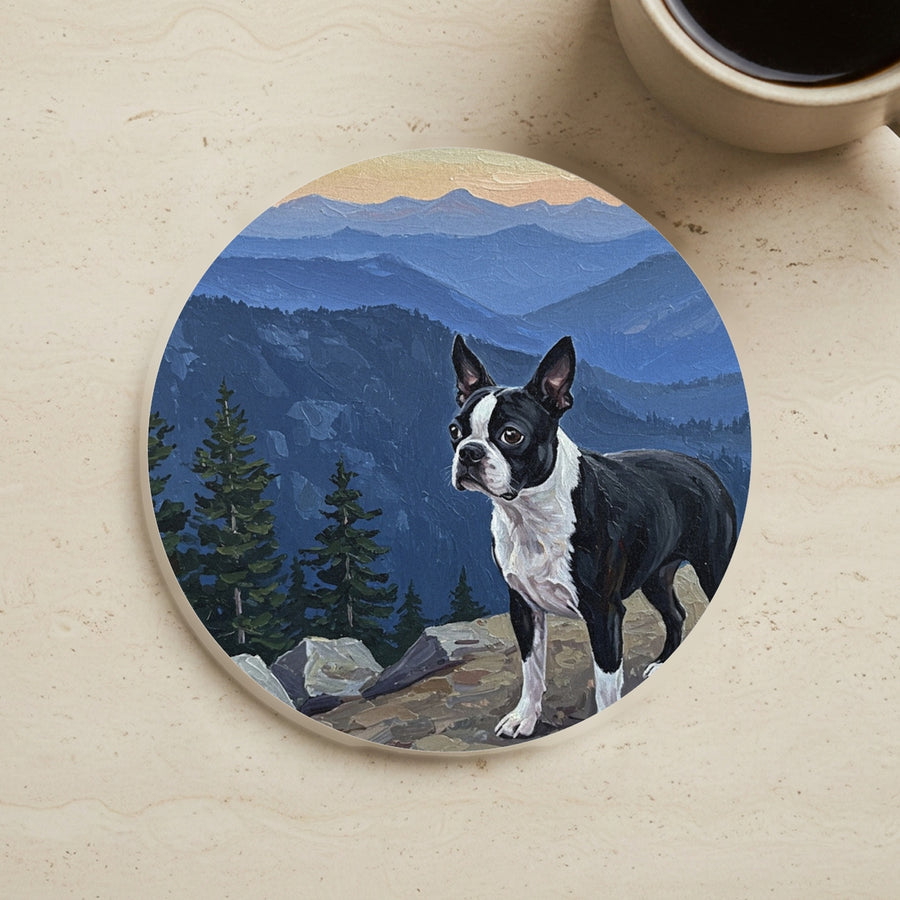 Acrylic Painting Boston Terrier - Mountain Overlook cork coaster shown on a warm limestone surface beside a mug