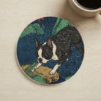 Boston Terrier Japanese Print stocking stuffer gift set: round cork-back coaster and two 3x3 vinyl stickers