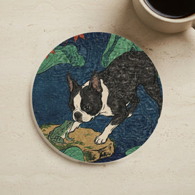 Boston Terrier Drink Coaster, Japanese Print Dog Art, Boston Terrier Lover Gift