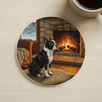 Acrylic Painting Boston Terrier - Winter Hearth cork coaster shown on a warm limestone surface beside a mug