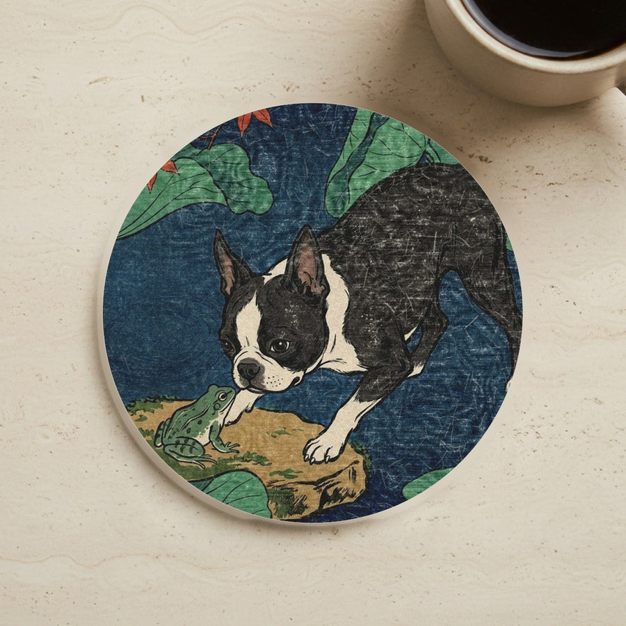 Boston Terrier Drink Coaster, Japanese Print Dog Art, Boston Terrier Lover Gift cork coaster shown on a warm limestone surface beside a mug