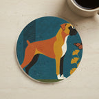 Boxer Drink Coaster, Retro Autumn Dog Art, Boxer Lover Gift cork coaster shown on a warm limestone surface beside a mug