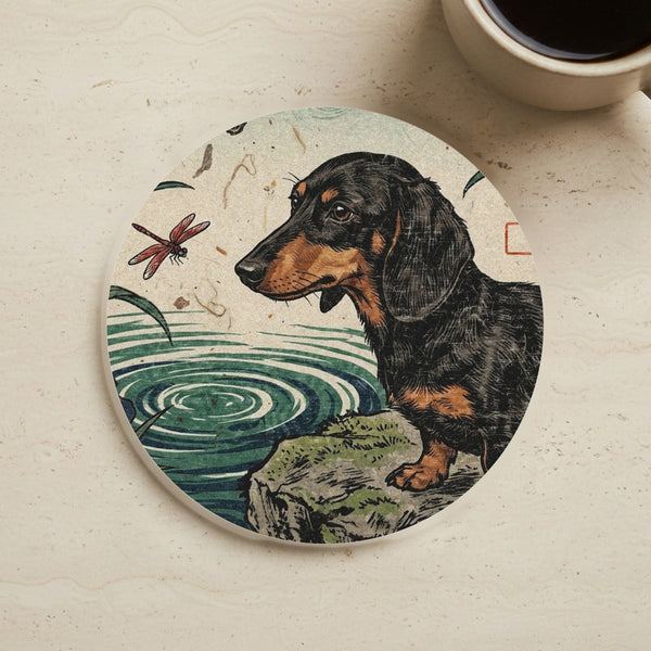 Dachshund Drink Coaster, Japanese Print Dog Art, Dachshund Lover Gift cork coaster shown on a warm limestone surface beside a mug