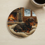 Acrylic Painting Dachshund - Winter Hearth cork coaster shown on a warm limestone surface beside a mug