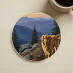 Acrylic Painting Golden Retriever - Mountain Overlook cork coaster shown on a warm limestone surface beside a mug
