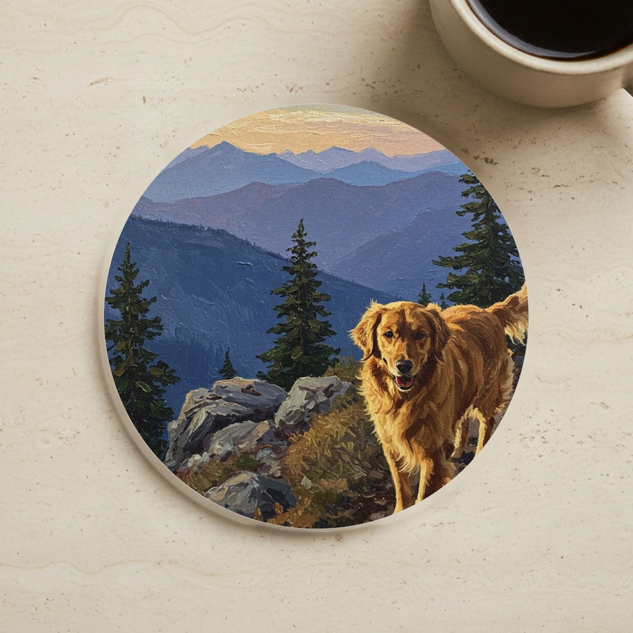 Acrylic Painting Golden Retriever - Mountain Overlook cork coaster shown on a warm limestone surface beside a mug