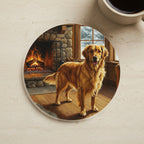 Acrylic Painting Golden Retriever - Winter Hearth cork coaster shown on a warm limestone surface beside a mug