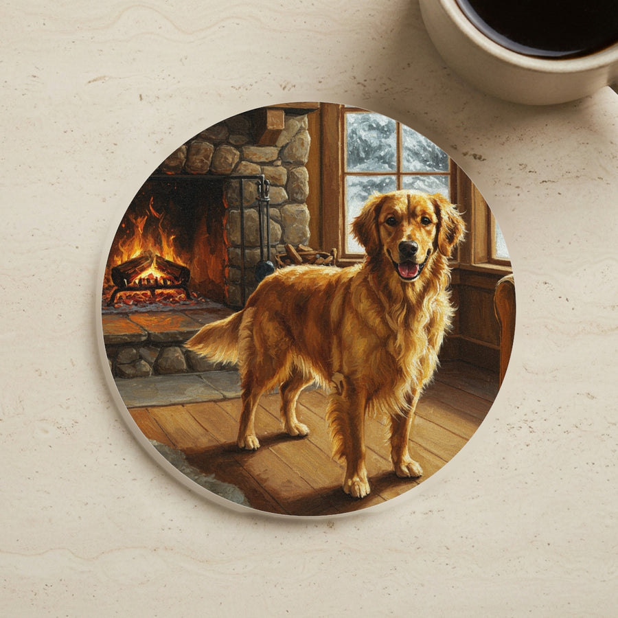 Acrylic Painting Golden Retriever - Winter Hearth cork coaster shown on a warm limestone surface beside a mug