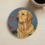 Golden Retriever Drink Coaster, Japanese Print Dog Art, Golden Retriever Lover Gift cork coaster shown on a warm limestone surface beside a mug