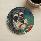 Miniature Schnauzer Japanese Print stocking stuffer gift set: round cork-back coaster and two 3x3 vinyl stickers