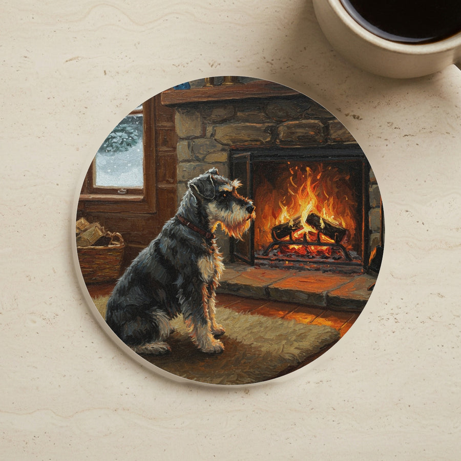 Acrylic Painting Miniature Schnauzer - Winter Hearth cork coaster shown on a warm limestone surface beside a mug