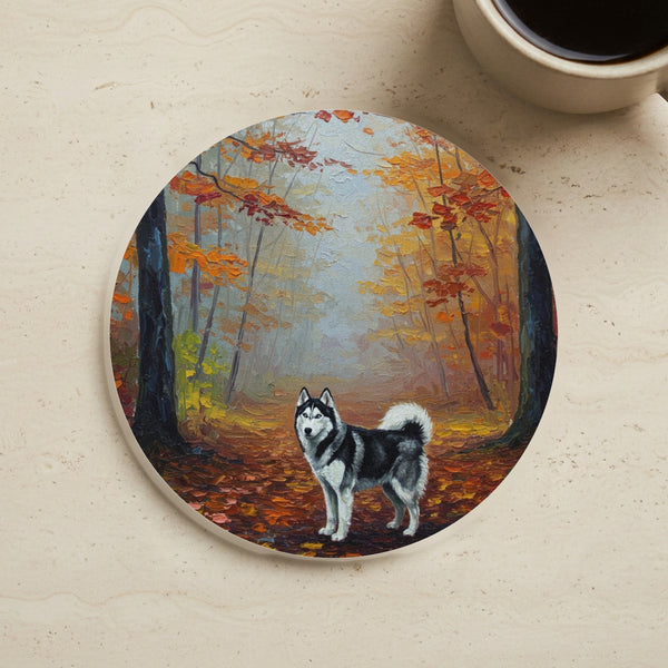 Acrylic Siberian Husky - Autumn Woods | Cork Back Coaster