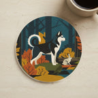 Siberian Husky Retro Autumn stocking stuffer gift set: round cork-back coaster and two 3x3 vinyl stickers