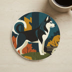 Siberian Husky Drink Coaster, Retro Autumn Dog Art, Siberian Husky Lover Gift cork coaster shown on a warm limestone surface beside a mug