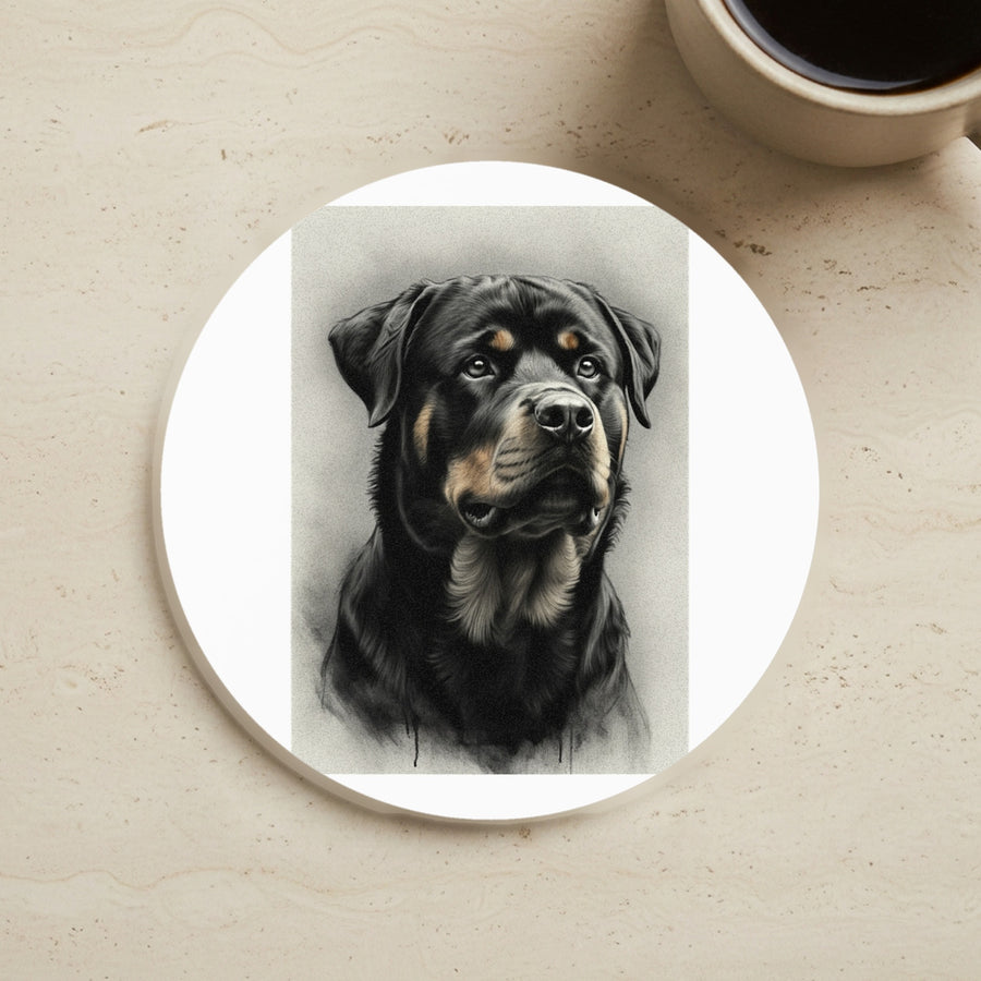Charcoal Rottweiler Rottweiler Cork Back Coaster - Rottweiler pride — gentle giants deserve great art cork coaster shown on a warm limestone surface beside a mug