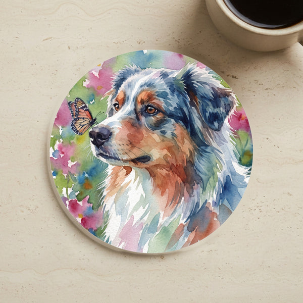 Australian Shepherd Watercolor Butterfly Bloom Drink Coaster | Premium Dog Prints | Tritan