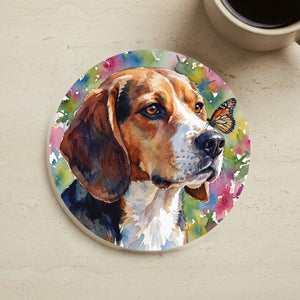 Beagle Watercolor Drink Coaster, Butterfly Bloom Dog Painting, Beagle Lover Gift