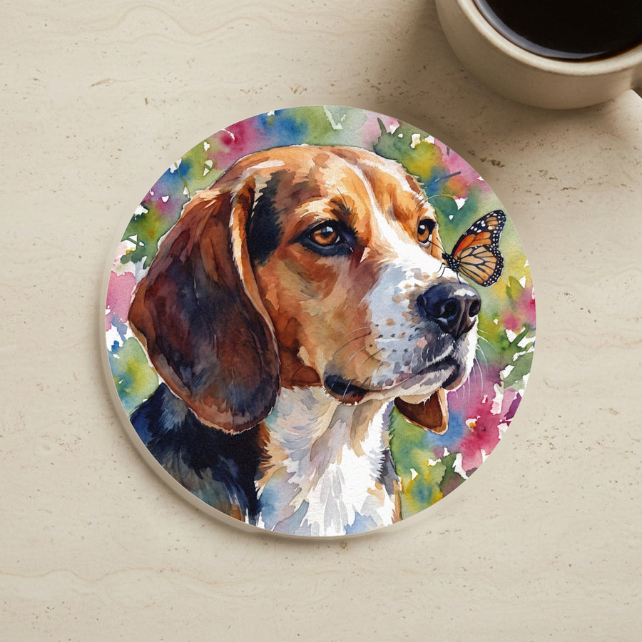Beagle Watercolor Butterfly Bloom Drink Coaster cork coaster shown on a warm limestone surface beside a mug