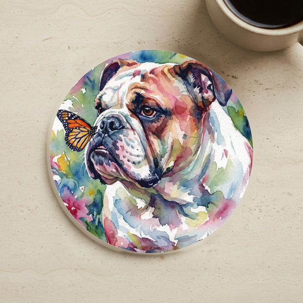 English Bulldog Watercolor Butterfly Bloom Drink Coaster | Premium Dog Art | Tritan