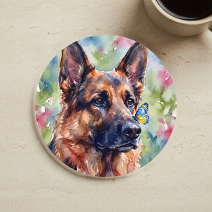 German Shepherd Watercolor Butterfly Bloom Drink Coaster | Premium Dog Art | Tritan