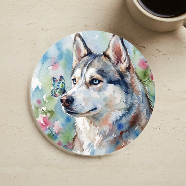Siberian Husky Watercolor Butterfly Bloom Drink Coaster | Premium Dog Art | Tritan