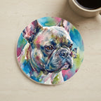 French Bulldog Watercolor Butterfly Bloom Drink Coaster cork coaster shown on a warm limestone surface beside a mug