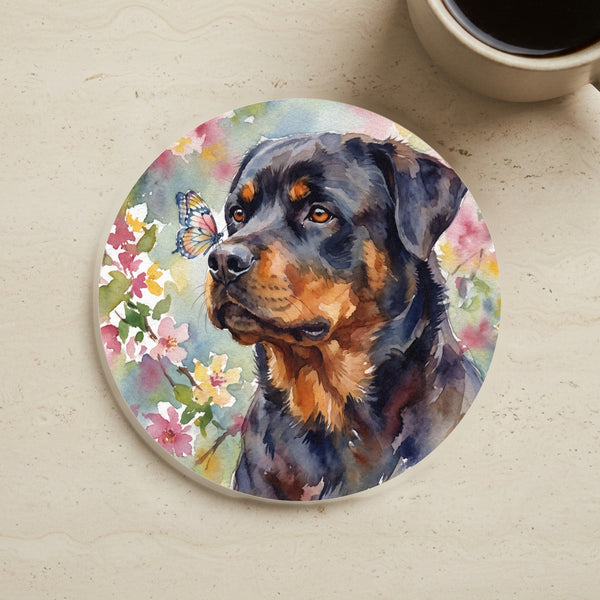 Rottweiler Watercolor Butterfly Bloom Drink Coaster | Premium Dog Art | Tritan