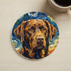 Labrador Retriever Oil Painting Soccer Portrait Coaster cork coaster shown on a warm limestone surface beside a mug