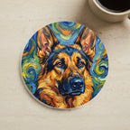 German Shepherd Oil Painting Soccer Coaster, GSD Art Print, Dog Lover Gift, Pet Owner Decor, Football Fan Present, Dog Mom cork coaster shown on a warm limestone surface beside a mug