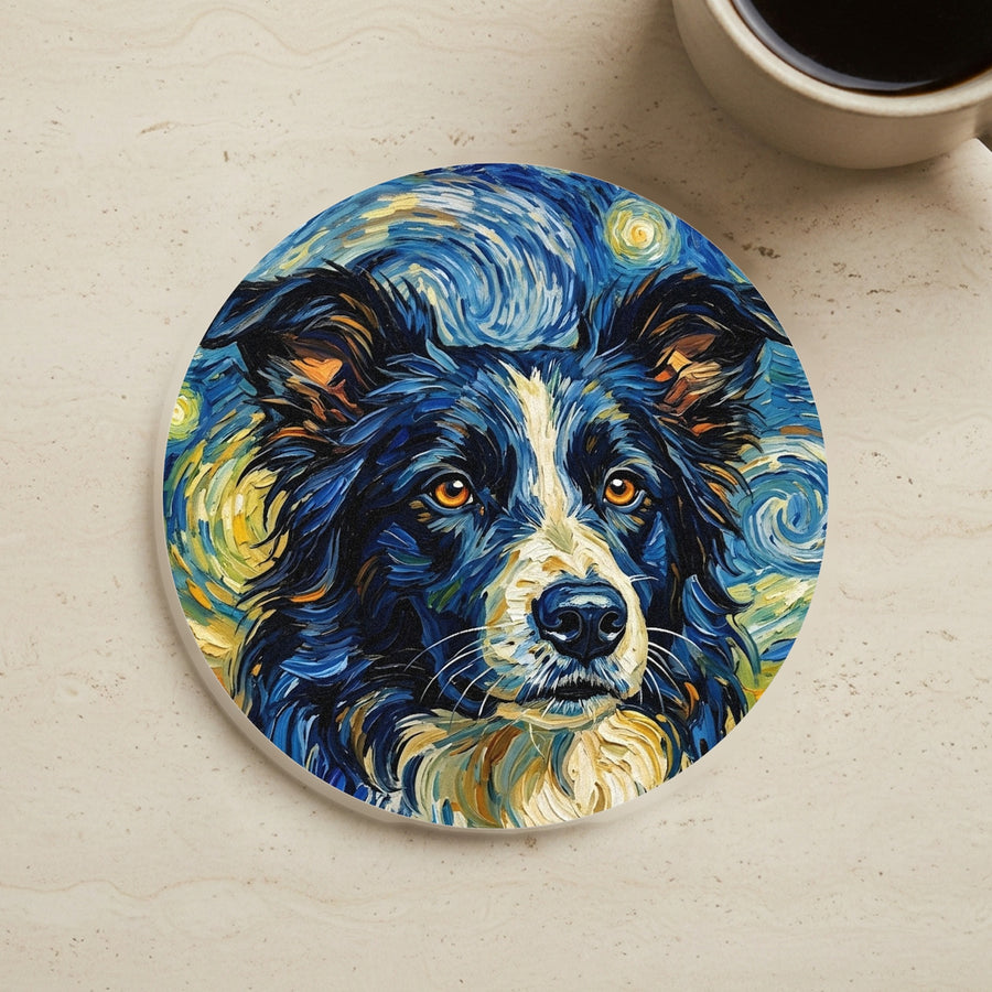 Border Collie Oil Painting Soccer Portrait Coaster - Dog Art Gift, Pet Decor, Sports Fan Present cork coaster shown on a warm limestone surface beside a mug
