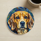 Beagle Coaster cork coaster shown on a warm limestone surface beside a mug