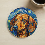 Dachshund Soccer Player Coaster cork coaster shown on a warm limestone surface beside a mug