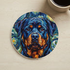 Rottweiler Coaster cork coaster shown on a warm limestone surface beside a mug