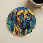 Great Dane Coaster, Oil Painting Soccer Portrait Dog Art Decor, Great Dane Gift, Dog Lover Home Decor, Pet Owner Drink Mat cork coaster shown on a warm limestone surface beside a mug