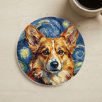 Corgi Oil Painting Soccer Portrait Coaster cork coaster shown on a warm limestone surface beside a mug