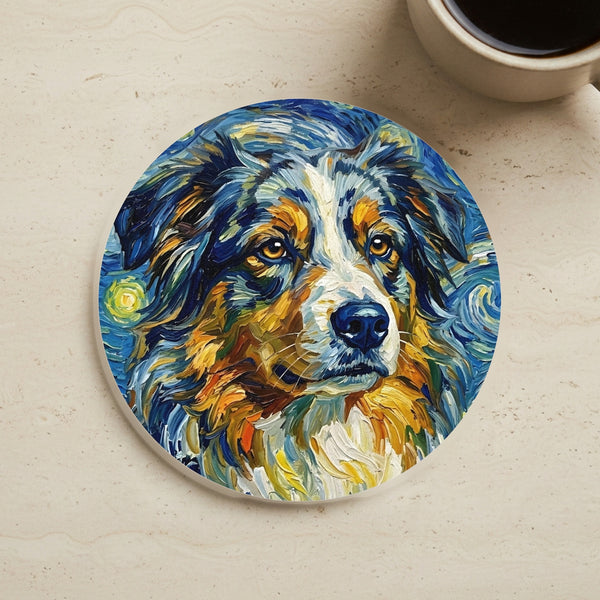 Australian Shepherd Coaster Post-Impressionist Oil Painting - Aussie Dog Art Decor, Pet Lover Gift, Puppy Keepsake