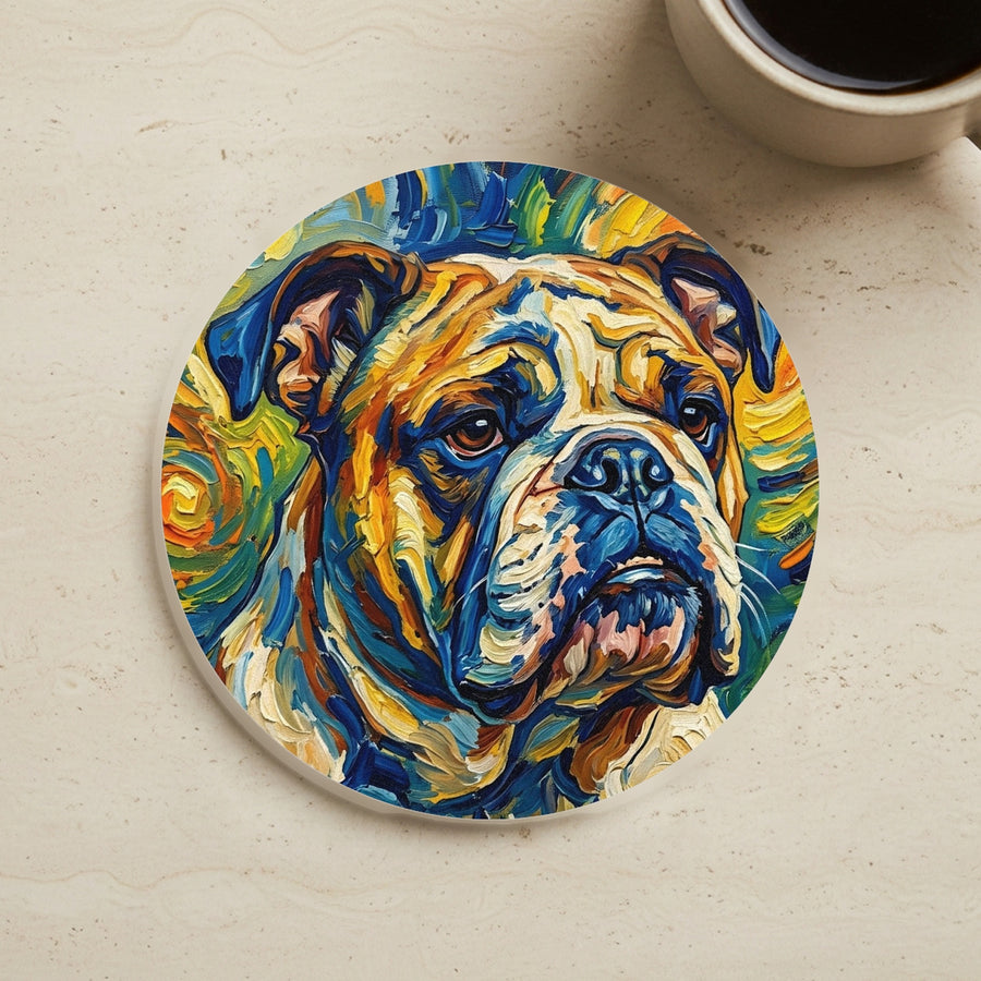 English Bulldog Coaster cork coaster shown on a warm limestone surface beside a mug